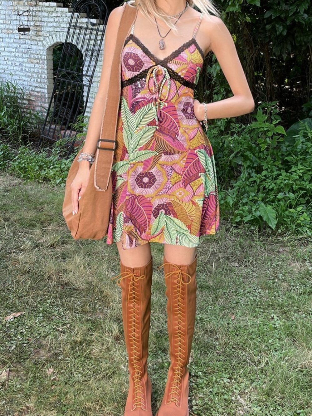 Multicolor Boho Women's Grunge Tropical Print Lace Knot Front Cami Dress - Picture 6 of 6